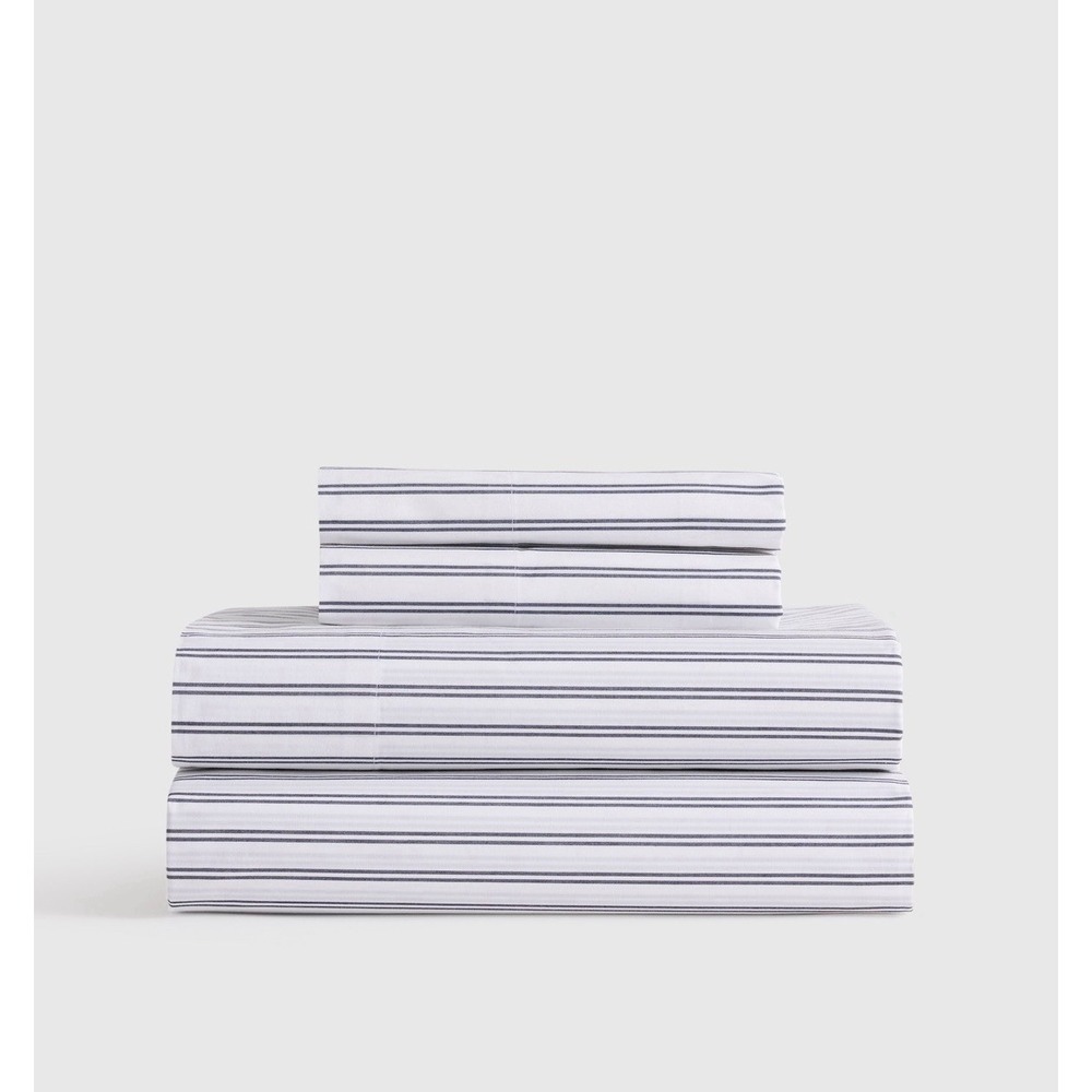 Quince Organic Crisp Percale Double Stripe 4 Piece Sheet Set King Navy/white
